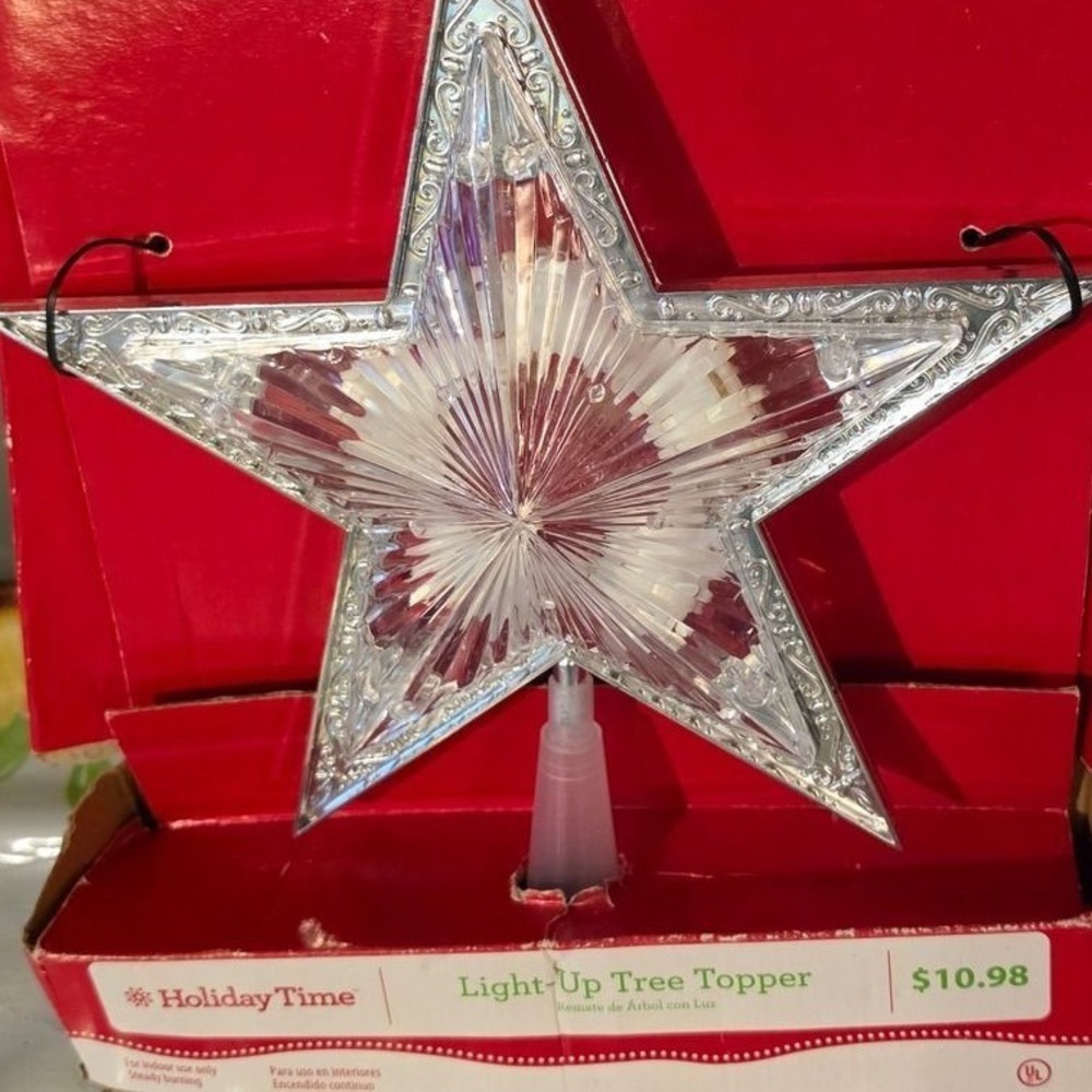 Holiday Time Light-Up Christmas Tree Topper Silver Star 61-388 Clear Lights